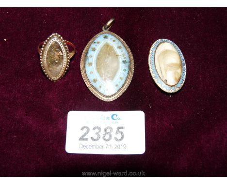 Two mourning pendants (one converted to a brooch) and a mourning ring.