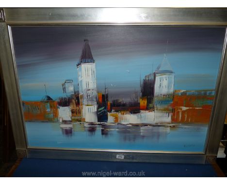 A large Oil on canvas depicting a Venetian scene, signed by artist, Wilkinson.