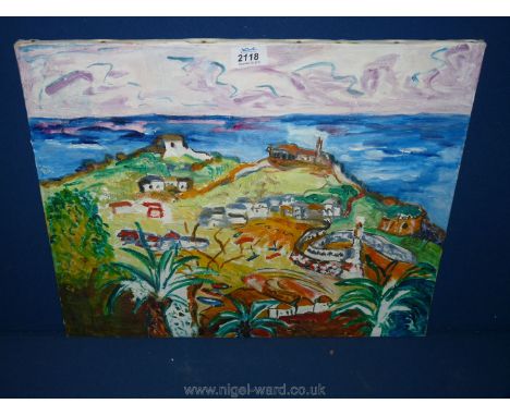 In the style of Raoul Dufy, a vintage Oil on canvas naive view of Mediterranean coastal town.