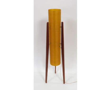 A 1960's tripod floor standing rocket lamp with teak supports &amp; long cylindrical orange spun nylon shade, 105.5cm high