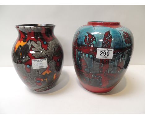 A Poole Pottery case of ovoid shape & with turquoise & deep red glaze, 22cm high together with another Poole vase with fern-l