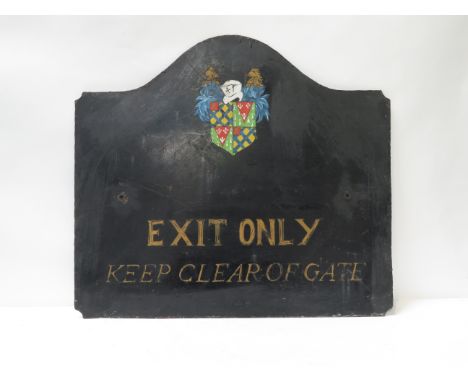 A painted metal single sided sign painted with coat of arms for "Castle Coombe House &amp; Exit only keep clear of Gate" 48cm