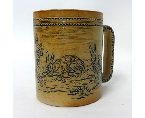 A Doulton Lambeth stoneware tankard by Hannah Barlow, incised with a Rabbits, impressed and monogram marks to base  369 and 1