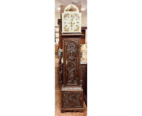 A late George III oak longcase clock, circa 1820, 13inch painted dial, Arabic numerals, 8-day movement, date aperture, on a h