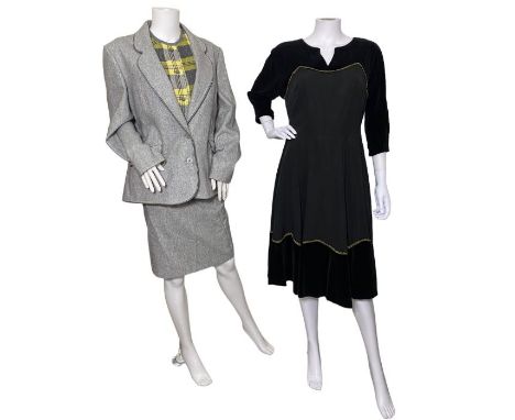 vintage fashions to include a 1950s swing dress with gold bullion braid, a houndstooth check knit dress, a larger sized three