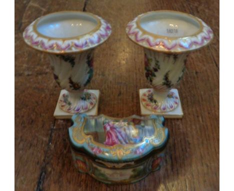 A Continental 19th century porcelain snuff box in the manner of Sevres - hand-painted decoration with gilt brass fittings. Pl