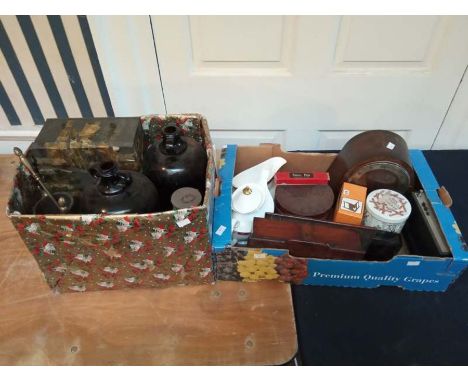 2 boxes of miscellaneous to include a 1930s mantle clock, a lacquered glove box, one tin of marbles, a swan fountain pen date