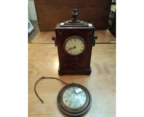 A late 19th century mahogany and brass inlaid mantel clock with wooden ring handles (finial AF) ( 25cm high, 18cm wide ), tog