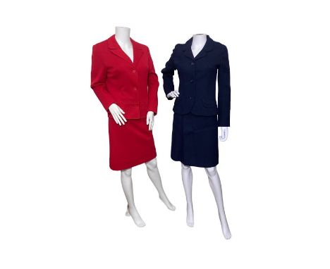 vintage skirt suits, 1950s and 60s to include a wool jersey lipstick red suit, fully lined, a navy blue suit by Mansfield and