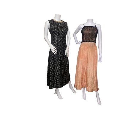 4 vintage dresses to include a 1940s make do and mend slip dress (s/d), an empire line gown in black and silver lurex brocade