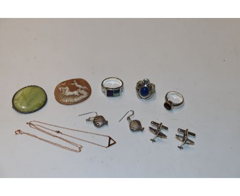 A box containing 925 silver and white metal jewellery and a cameo panel 