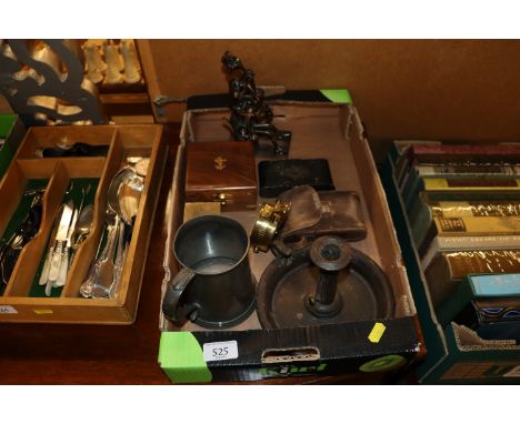 A box containing a compass, Kodak camera, chamber stick and pewter tankard 