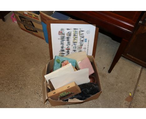 A box containing various albums; vintage envelopes; a vintage jacket etc