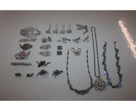 A vintage white metal and blue stone necklace; a pair of matching ear-rings and a collection of various paste set and marcasi