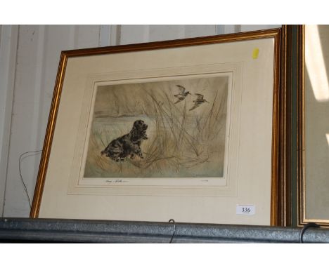 After Henry Wilkinson, pencil signed limited edition print depicting a Springer Spaniel observing a Mallard, 124/150