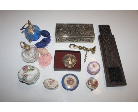 A box containing porcelain trinket boxes, perfume atomisers, evening bags etc. 