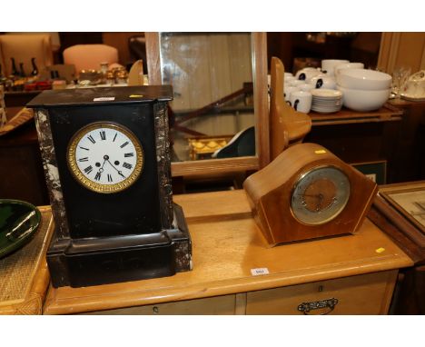 A slate and marble two hole mantel clock and a Smiths three hole mantel clock