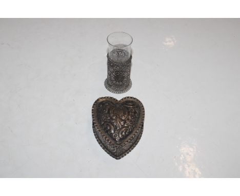 A silver heart shaped trinket box with embossed decoration inscribed to base, approx. 86gms; and a glass posy vase with white