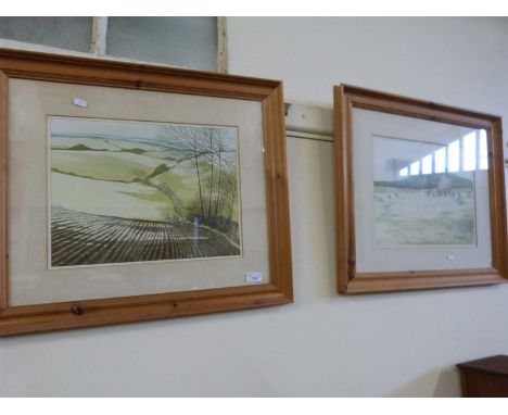 Two coloured prints, harvest and ploughing scenes, framed and glazed