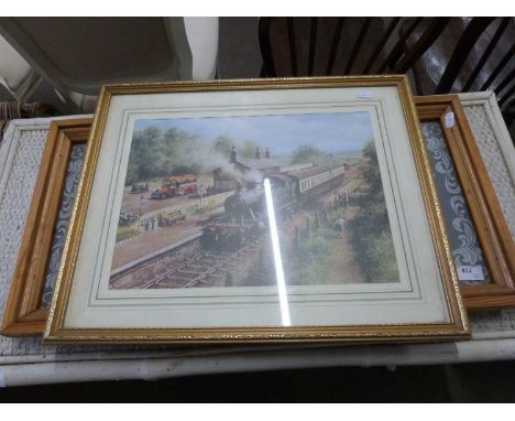 Coloured print, Great Western Locomotive, King George V 1927-1962, needlework picture, framed and glazed together with a furt