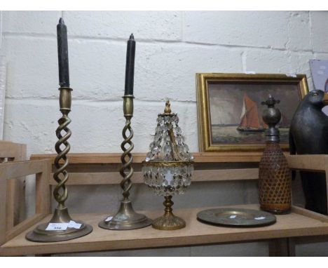 Mixed Lot: Pair of brass barley twist candlesticks together with a table lamp, vintage soda syphon and a small brass plate