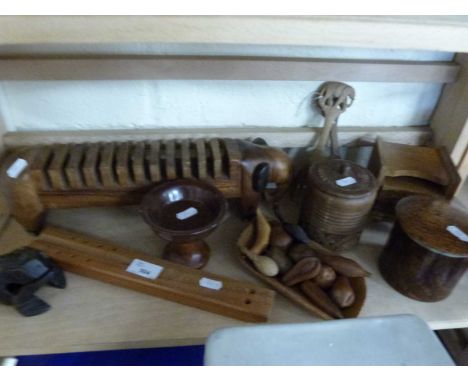 Mixed Lot: Various Treen items to include an elephant shaped CD stand, various small boxes, ornaments etc