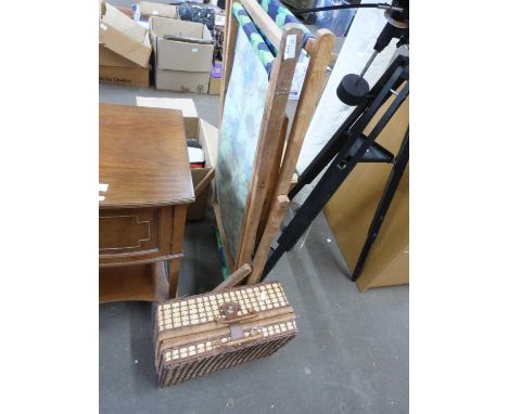 Two floral upholstered deck chairs and wicker hamper (3)