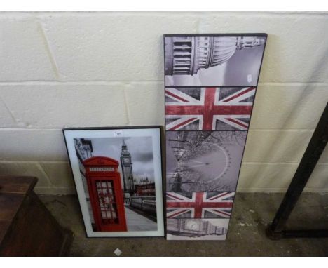 Coloured print of a red telephone box together with a further screen print of views of London (2)
