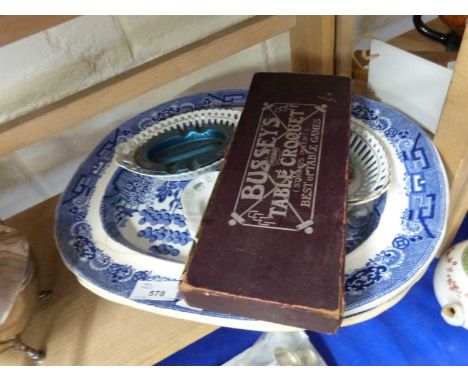 Mixed Lot: Willow pattern meat plate, various small dishes, a Senior Service ashtray and boxed table crochet game