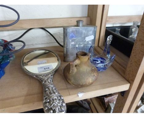 Silver back dressing table hand mirror, a hip flask and other items