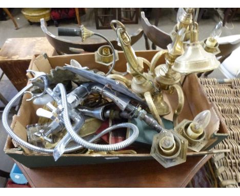 Box of various brass light fittings, mixer tap and other items