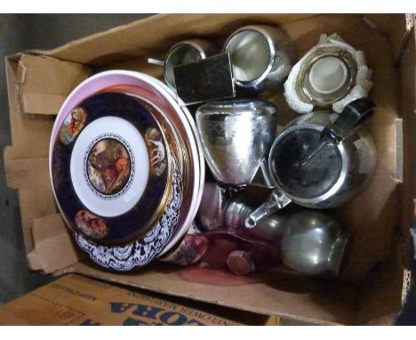 One box of various commemorative plates, vintage chrome teaset and other items