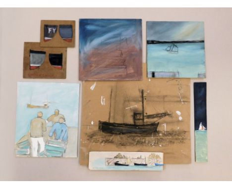 GORDON COUCH. Cornish Boats. Eight various preparatory works, Cornish Fishing Boats. Mostly signed, mostly acrylic on board, 