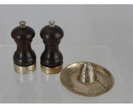 A Rosewood and Silver Salt Mill and Pepper Grinder, London hallmark, mm MCH and PG Co Ltd together with a Mexican silver somb