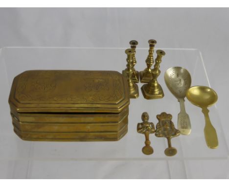 Antique Brass, including a Dutch Tobacco Box, miniature taper candle sticks, caddy spoons and character pipe tampers.