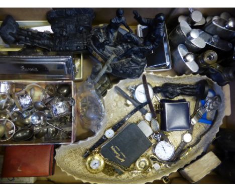 A Box of Miscellaneous Items, including pocket watches, commemorative spoons, lighters, figurines, vintage Darwin razor among