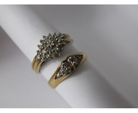 Two 9 Ct Gold and Diamond Cluster Rings, one has 25 x 1 pt  dias approx 2.7 gms size M, the other approx 17 pt dias approx 1.