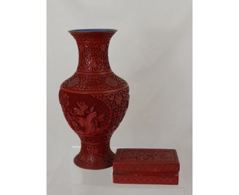 A Chinese Enamel and Cinnabar Lacquer Vase, with intricate floral decoration, approx  30 cms together with an antique red lac