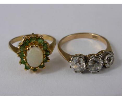 A Lady's 9ct Gold Hallmark Three White Stone Ring, size M together with another emerald and opal ring, size J, approx 5 gms