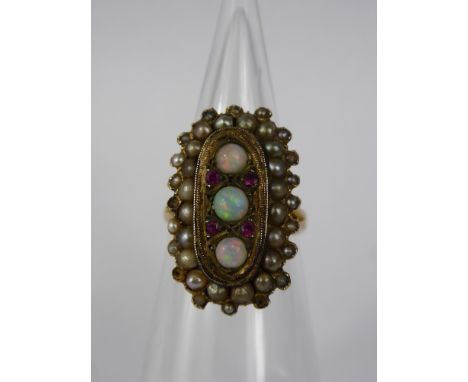 An Antique 9ct Yellow Gold Opal, Synthetic Ruby and Seed Pearl Ring, 3 x opals 1 x 3.75 mm 2 x 3.00 mm, mm H.S, size M, appro