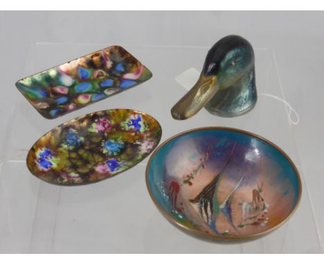 An Antique French 'Ducky' Kirby Beard & Co Bottle Opener, together with two unusual glass enamel trinket dishes. (3)