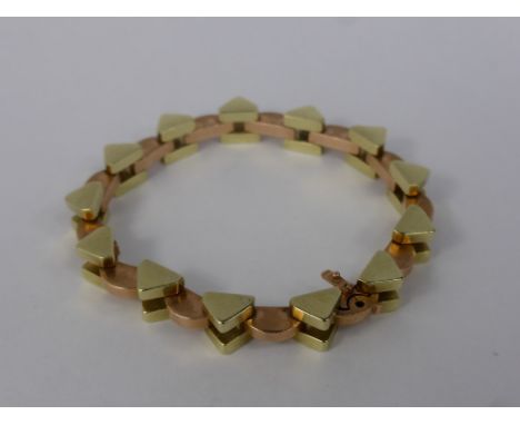 A Lady's Vintage 14 ct Yellow and Rose Gold Triangular and Curved Link Bracelet, approx 18 gms