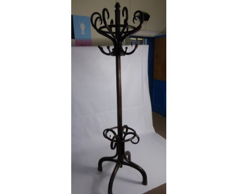 A Thonet Style Bentwood Hat, Coat and Stick Stand, with turned finial, eight scrolling hat hooks, eight coat hooks, straight 