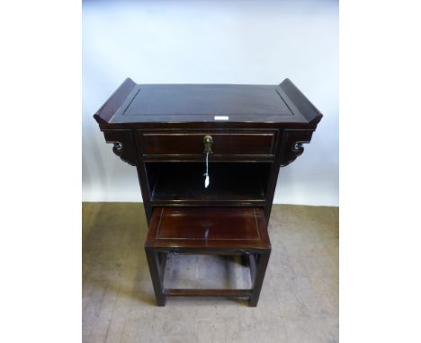 A Chinese Rosewood Altar Table, with raised edges and panel top and sides, single drawer with shelf below and pull out kneele