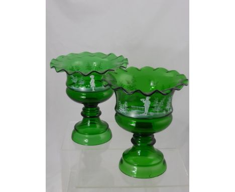A Pair of Glass 'Mary Gregory' Centre Pieces, with bowls fluted with white enamel decoration on pedestal base, approx 34 cms