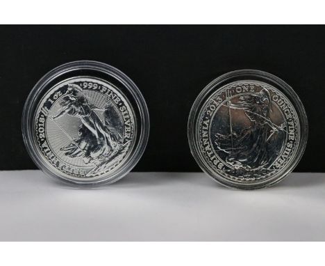 Two British Royal Mint Britannia fine silver bullion 1oz coins. 
