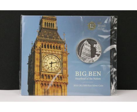 A Royal Mint United Kingdom 2015 fine silver £100 coin within sealed Royal Mint packaging. 
