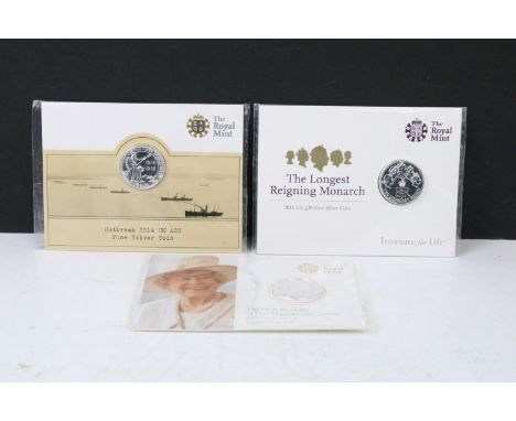 Three Royal Mint United Kingdom £20 fine silver brilliant uncirculated coins to include 2014, 2015 and 2016 examples, all wit