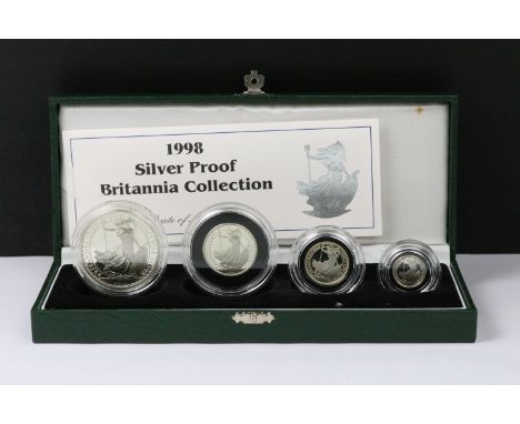 A Royal Mint United Kingdom Britannia silver proof collection, four coins presented within fitted green display case and comp
