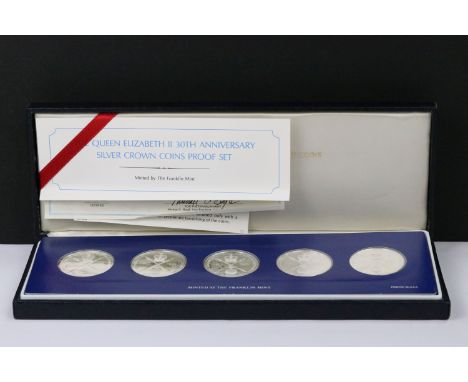 A Franklin Mint Queen Elizabeth II Thirtieth Anniversary silver proof crown coin set, five coin set within fitted display cas